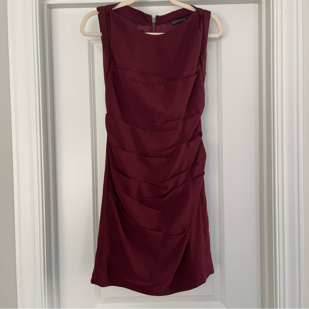 Burgundy mini dress with front ruching